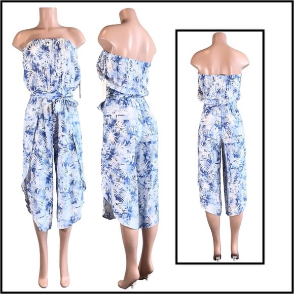 Ocean Drive Palm Leaf Side Slit Strapless Jumpsuit - Blue SZ M $36 - Picture 1 of 12